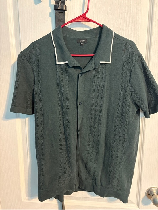 Express Other - Express Dark Green Short-Sleeve Knit Polo with White Trim